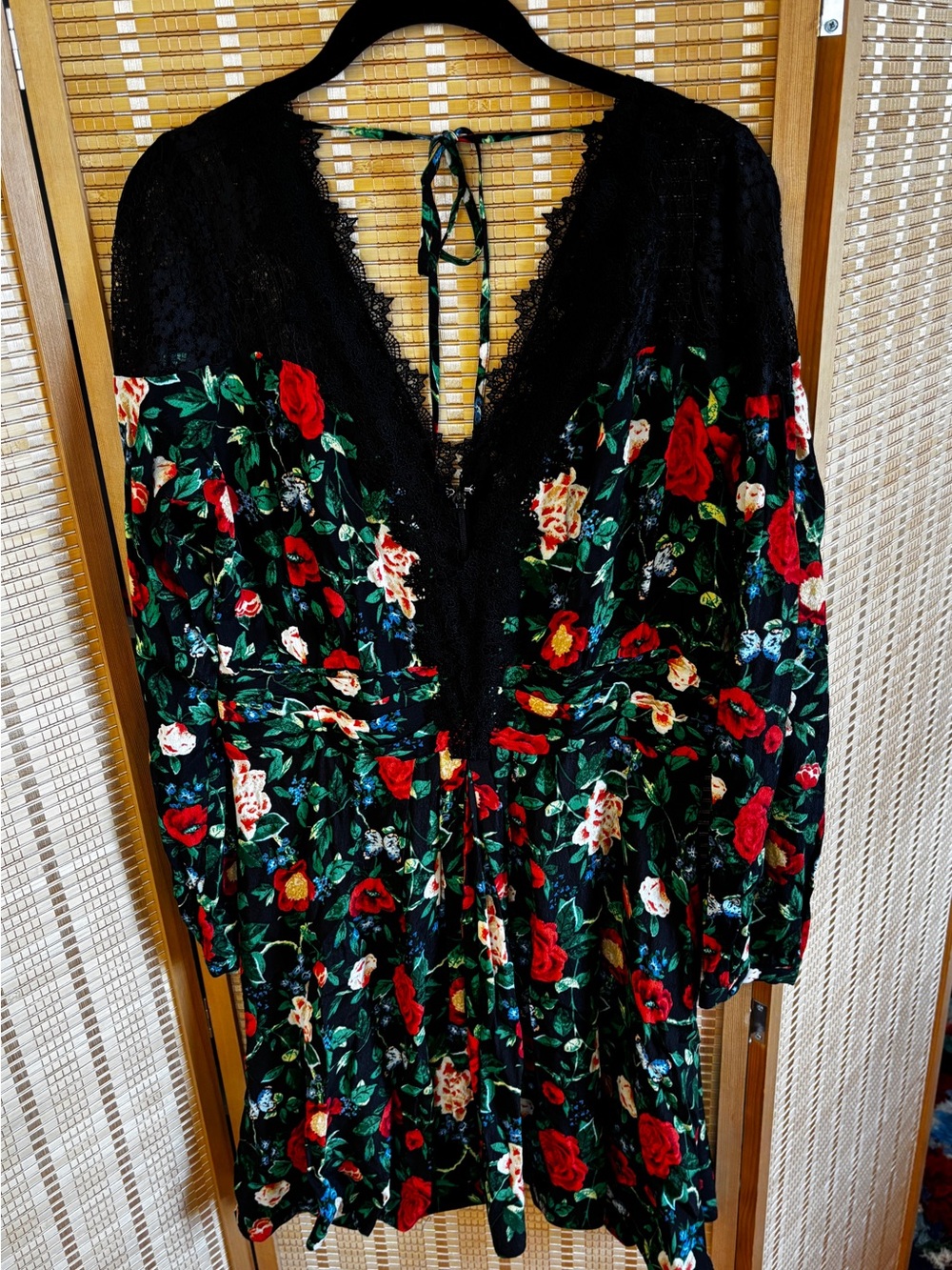 Anthropologie Lacy V-Neck Mini Dress Black Floral Long Sleeve Fit Flare 12